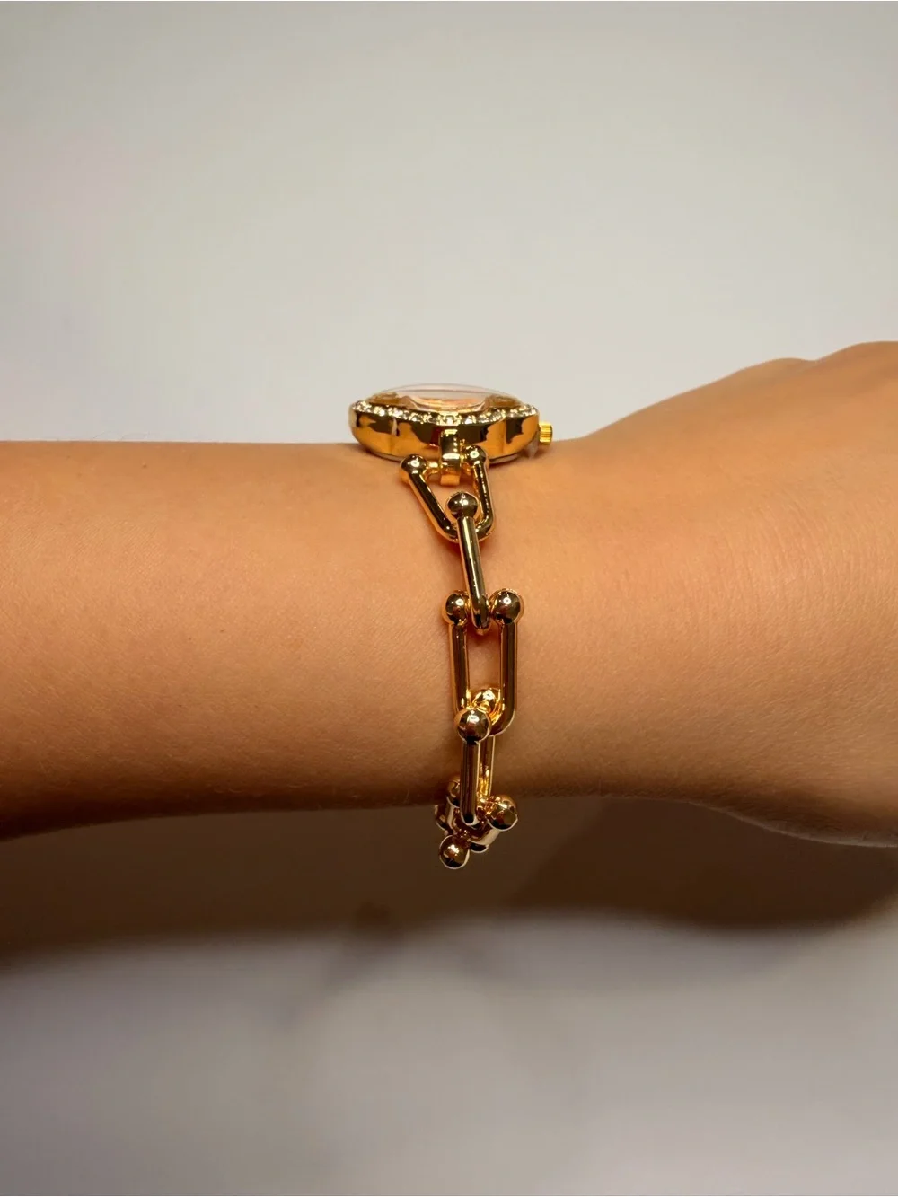 Gold-Tone Pink Dial Flower Quartz Watch